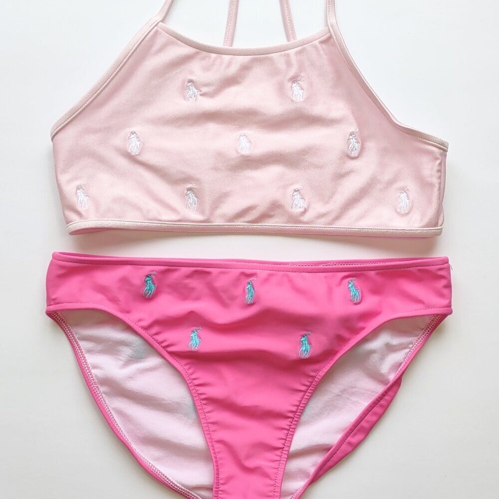 Polo Ralph Lauren Girl 2 Pc Swimsuit Bikini Size 14 Pony Lined Beach Resort EUC